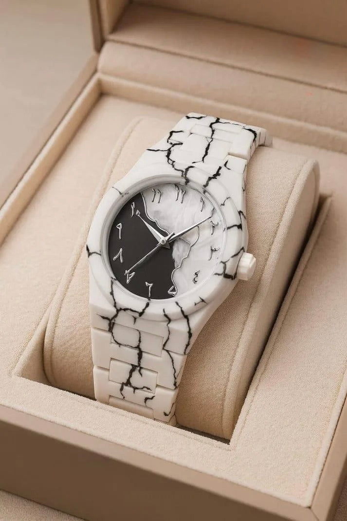 Men's Black & White Marble Arabic Dial Watch