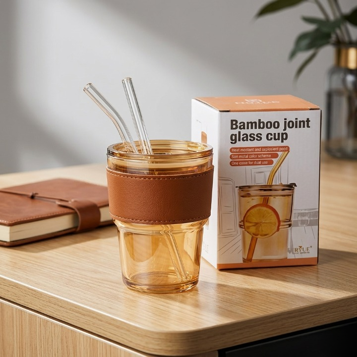 Premium Amber Glass Coffee Tumbler with Leather Sleeve & Glass Straw (400ml)
