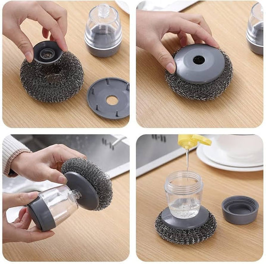 Soap-Dispensing Heavy-Duty Steel Wire Kitchen Scrubber Brush