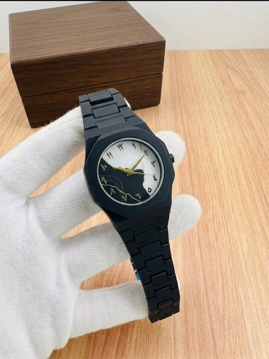 Men’s Black Arabic "Aura" Watch with Gold Numerals & Hands