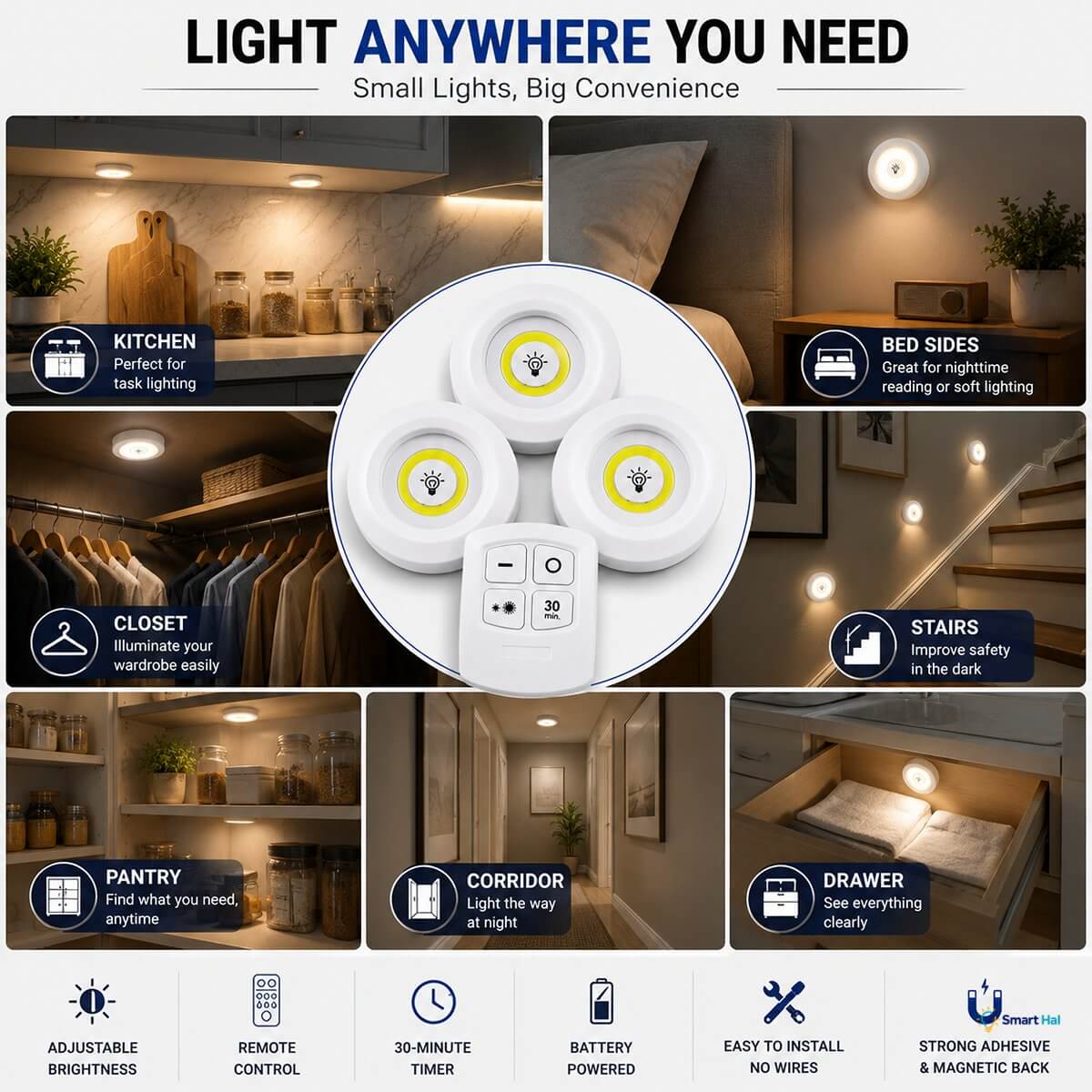 Pack of 3 Remote-Controlled LED Puck Lights | Wireless Self-Adhesive Tap Lights