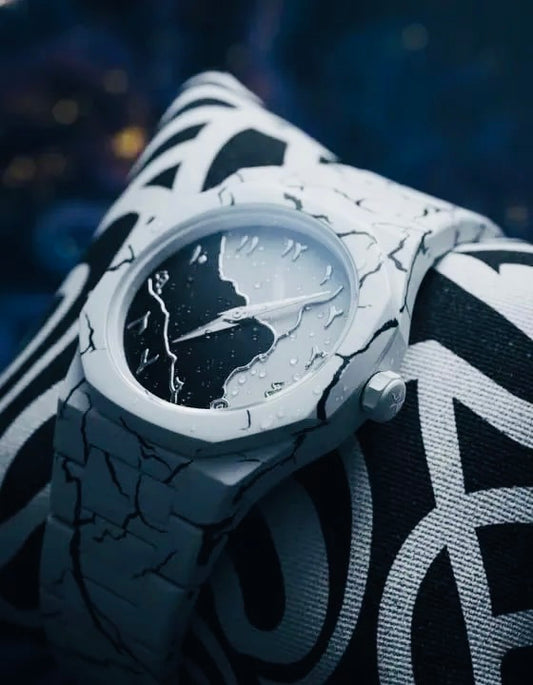 Men's Black & White Marble Arabic Dial Watch