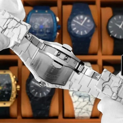 Men's Black & White Marble Arabic Dial Watch