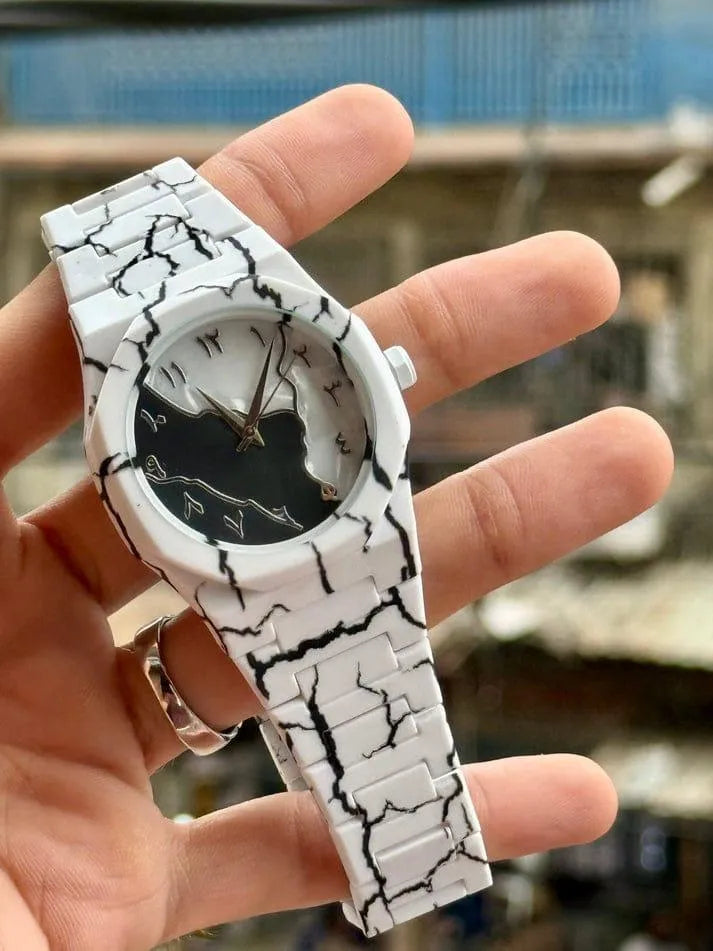 Men's Black & White Marble Arabic Dial Watch