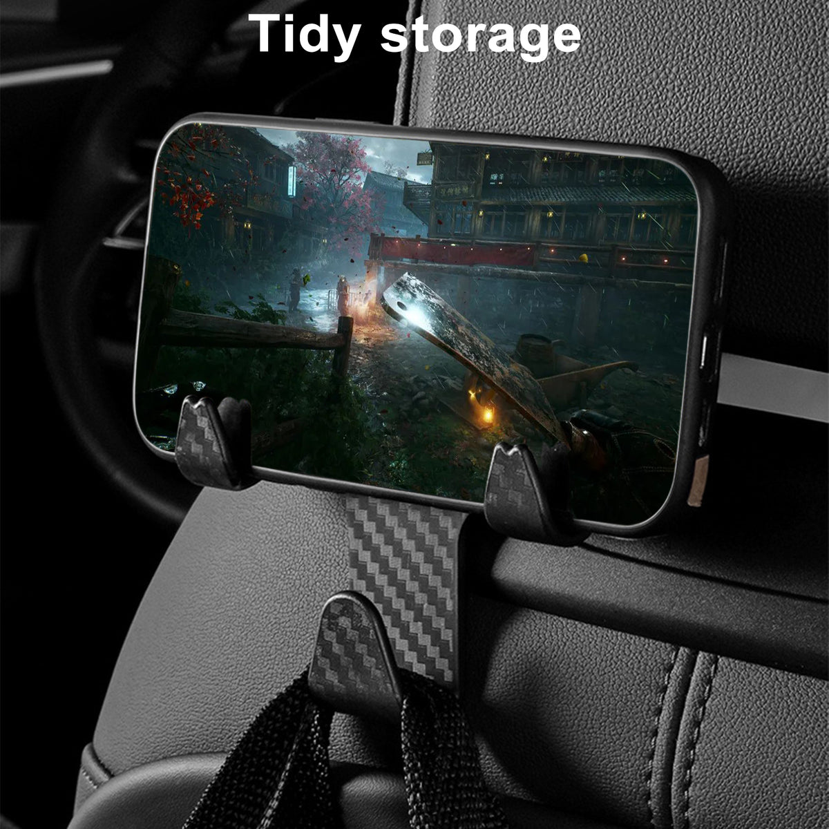 Universal 2-in-1 Car Seat Back Headrest Hook with Foldable Phone Holder