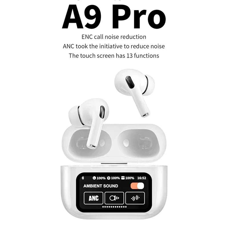 A9 Pro Touch LCD Smart Screen Bluetooth Earbuds/Airpods, Black & White
