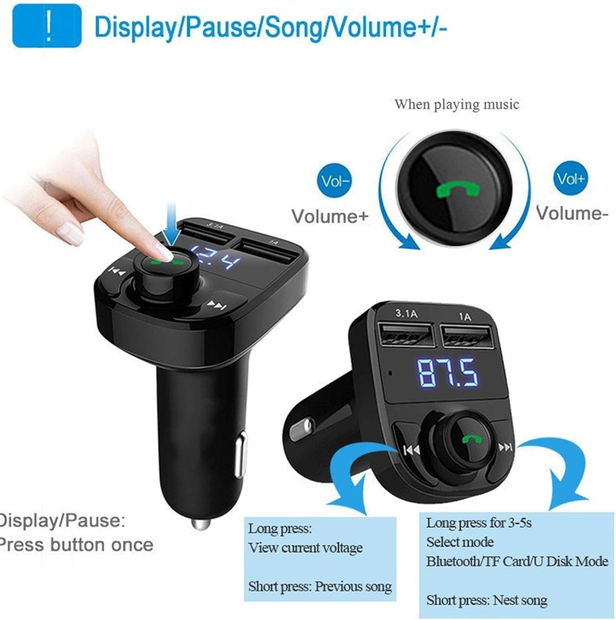 X8 3.1A Dual-USB Car Bluetooth FM Transmitter & MP3 Modulator