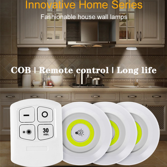 Pack of 3 Remote-Controlled LED Puck Lights | Wireless Self-Adhesive Tap Lights