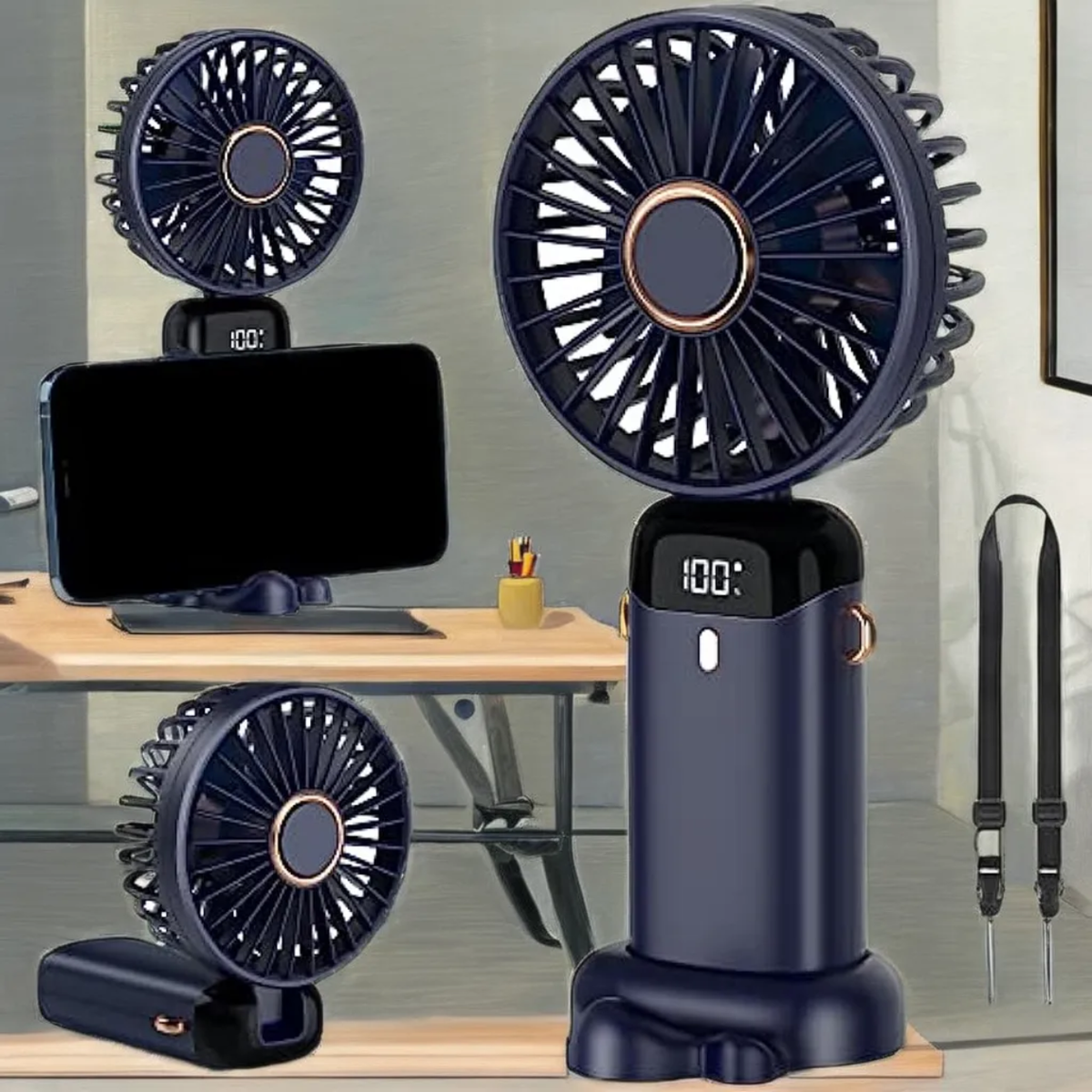 4-in-1 Portable Handheld Electric Fan with Digital LED Display & Phone Holder Base