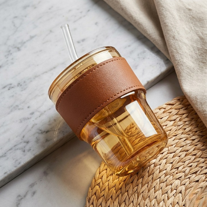 Premium Amber Glass Coffee Tumbler with Leather Sleeve &amp; Glass Straw (400ml)