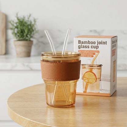 Premium Amber Glass Coffee Tumbler with Leather Sleeve &amp; Glass Straw (400ml)