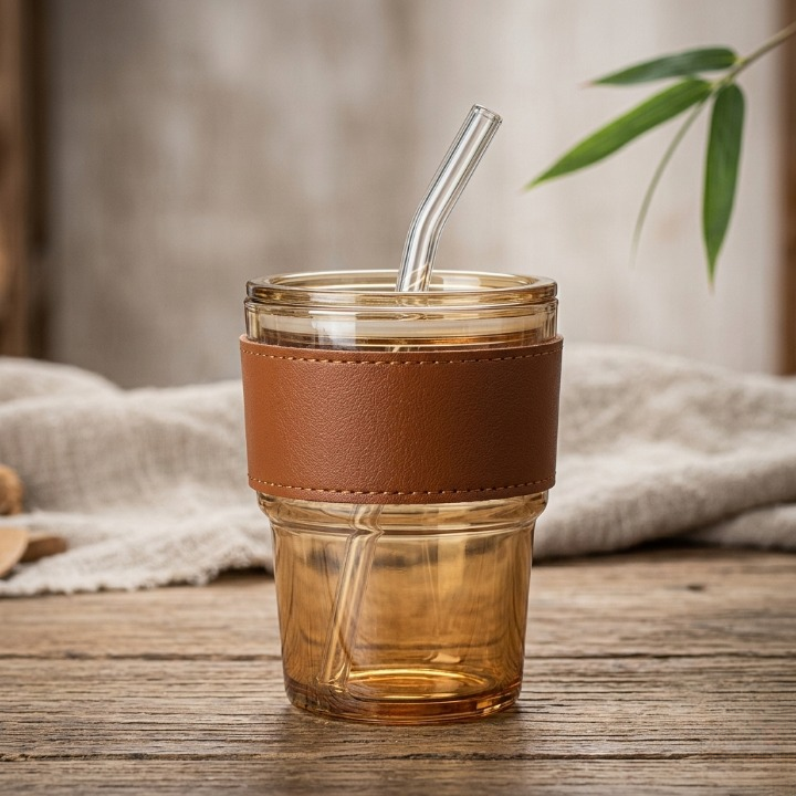 Premium Amber Glass Coffee Tumbler with Leather Sleeve &amp; Glass Straw (400ml)