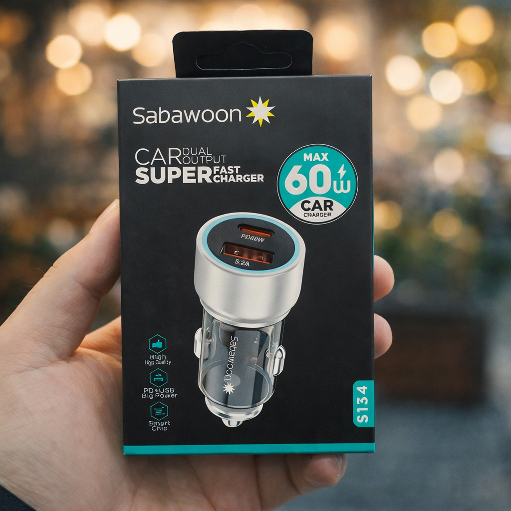 Sabawoon S134 60W Dual-Port Car Charger (PD Fast Charge + USB Quick Charge)