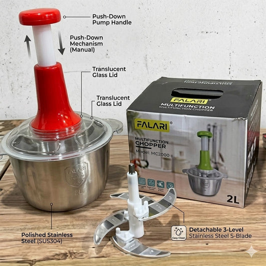 2L Manual Hand Press Chopper & Mincer + 100-Pack Elastic Stretchable Food Covers