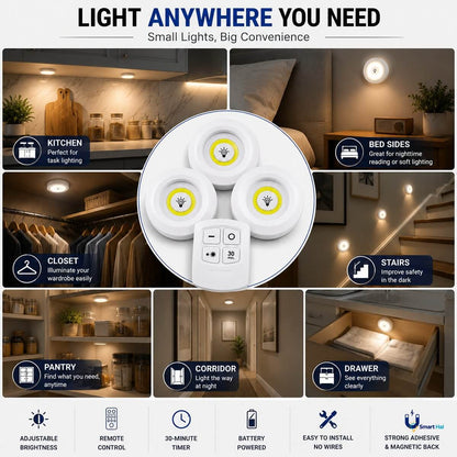 Pack of 3 Remote-Controlled LED Puck Lights | Wireless Self-Adhesive Tap Lights